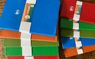 leather notebooks, two sizes, blue, red, orange, green, olive